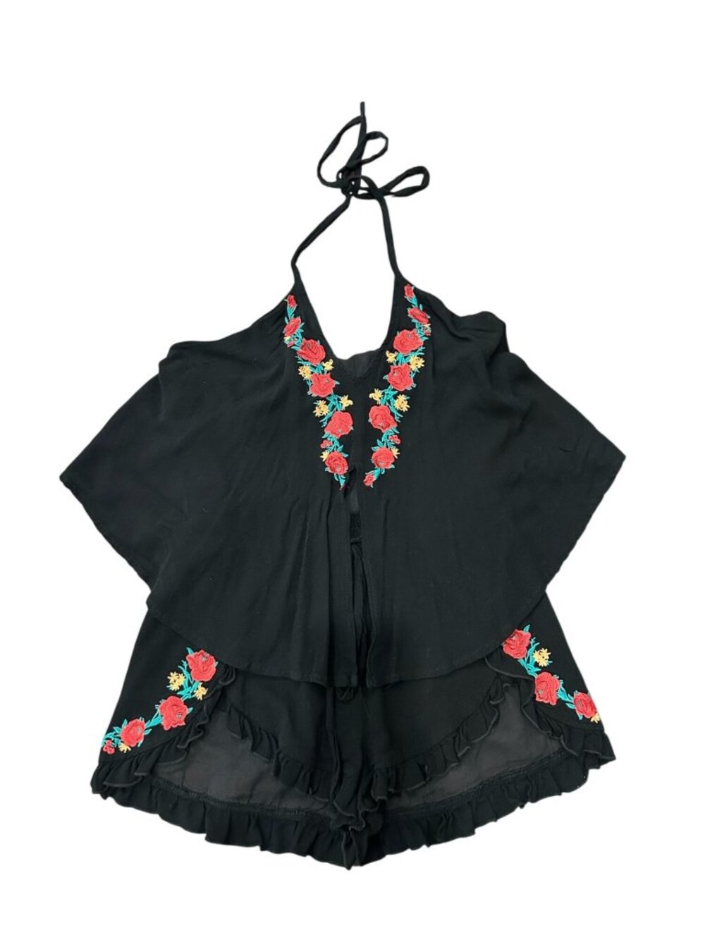 Umgee USA Medium Black Floral Embroidered Halter Romper Boho Chic Playsuit